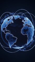 Poster - Stylized blue globe with connecting lines, data points, and graphs, showcasing global connection and data visualization, representing digital networking, technology, and worldwide communication