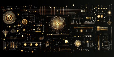 Poster - Abstract design featuring gold and black elements with intricate patterns and shapes representing technology and creativity