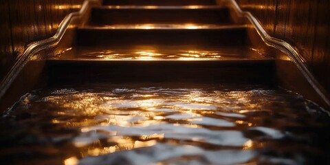 Poster - Calm water gently flowing down wooden stairs in an illuminated setting during evening hours