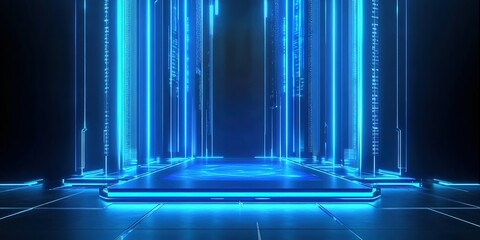 Poster - Futuristic blue neon-lit stage design suitable for technology events in a dark environment