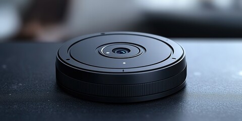 Poster - Compact black camera lens positioned on a dark surface in an indoor setting with soft natural light