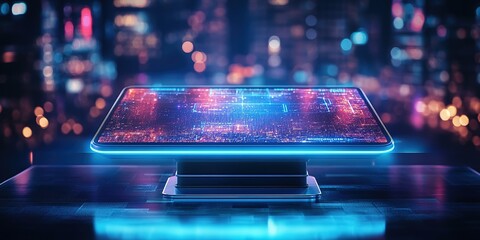 Poster - Futuristic display emits vibrant colors in a digitally advanced urban environment at night