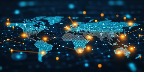 Poster - Digital world map with glowing connections illustrating global communication at night
