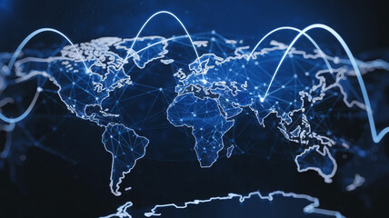Poster - Abstract world map with glowing connections, symbolizing global network, communication, and digital interconnection