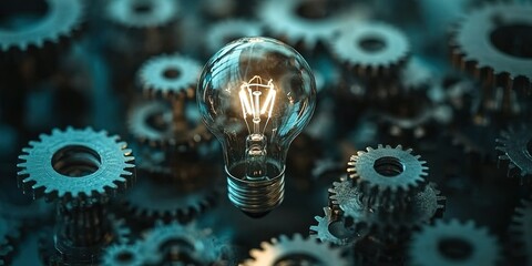 Poster - Light bulb illuminated among metallic gears creates a striking visual of innovation and engineering brilliance