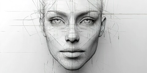 Poster - Digital portrait of a humanoid figure with intricate line art details showcasing features and expression