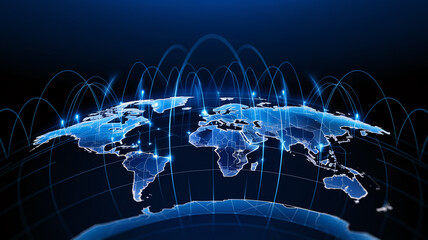 Poster - Stylized blue world map with glowing connections, illustrating global network, communication, or connectivity Concept:  International collaboration and digital communication