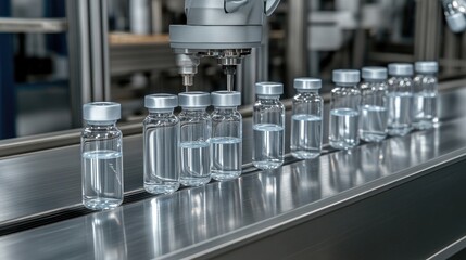Poster - Vials are transported on a conveyor belt in an industrial plant, showcasing stainless steel packaging and bright orange caps