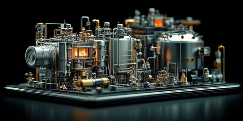 Poster - Intricate mechanical machinery on a dark surface showcasing industrial design and engineering prowess