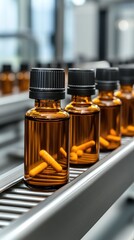 Poster - Vials are transported on a conveyor belt in an industrial plant, showcasing stainless steel packaging and bright orange caps