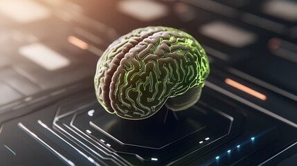Poster - Artificial Intelligence Concept with Luminous Green Brain Model on Futuristic Background