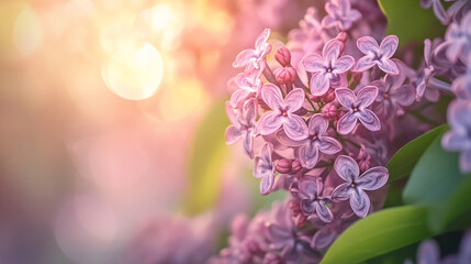 Poster - Close-up of lilac blossoms, soft purple hues, bathed in sunlight, creating a serene and delicate image, symbolizing spring and tranquility