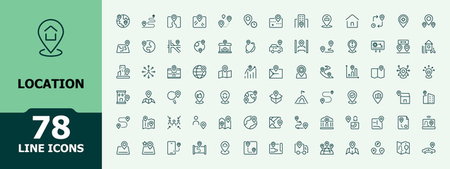location vector icon set. includes thin line here, way, time, app, distance, web, world, position. u