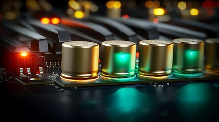 Poster - Close-up view of electronic circuit board with capacitors and glowing lights in a dark setting