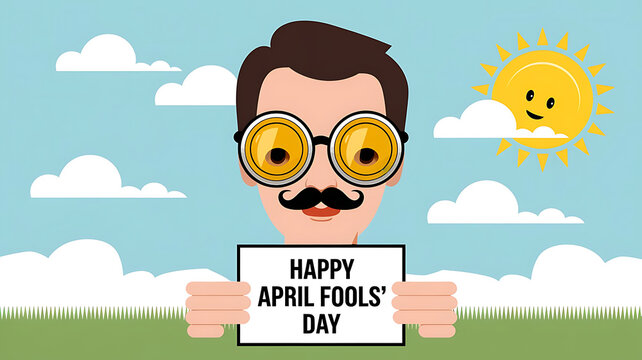April Fools’ Day Fun, People in Hilarious Disguises, April Fools' Prank, funny mustache mask, April Fools Joke,  prank, Greeting Card, 1st April poster, header for website, social media, generative ai