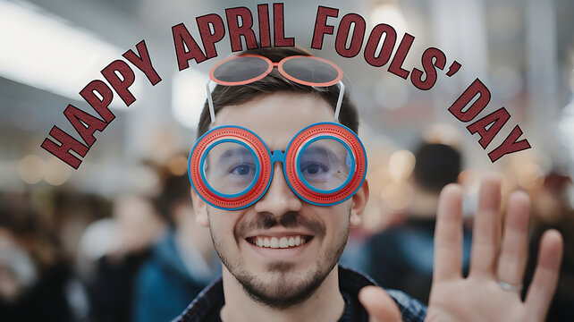April Fools’ Day Fun, People in Hilarious Disguises, April Fools' Prank, funny mustache mask, April Fools Joke,  prank, Greeting Card, 1st April poster, header for website, social media, generative ai