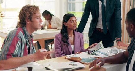 Poster - Education, tablet and professor with students for studying in classroom in discussion for university exam. Lecturer, tech and people with college assignment, test or project together on campus.