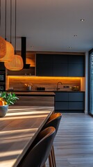 Poster - Warm wooden accents and modern design define this inviting open plan kitchen. Natural light floods the space, enhancing its stylish features and cozy atmosphere