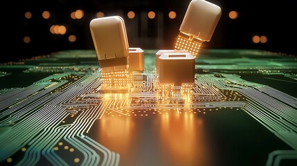 Poster - Close-up view of glowing circuit board components connecting, with soft bokeh lights in background