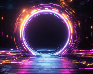 Poster - Neon circle frame with purple and orange glowing lines on dark background, creating a futuristic showcase ideal for product display or text placement