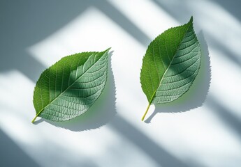 Poster - Fresh Green Leaves on Light Surface with Natural Shadows Creating a Modern Aesthetic for Nature and Botanical Themes