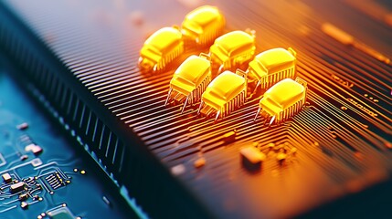 Poster - Close-up view of glowing microchips on a circuit board, showcasing advanced technology and design