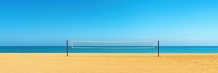 Poster - Serene beach volleyball court by the ocean with golden sand and clear blue sky Generative AI