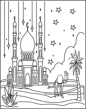 Eid Al Adha Islamic coloring book pages for children and adults with vector design.