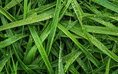 Wall Mural - Dew Drops On Fresh Green Grass In The Morning Sunlight