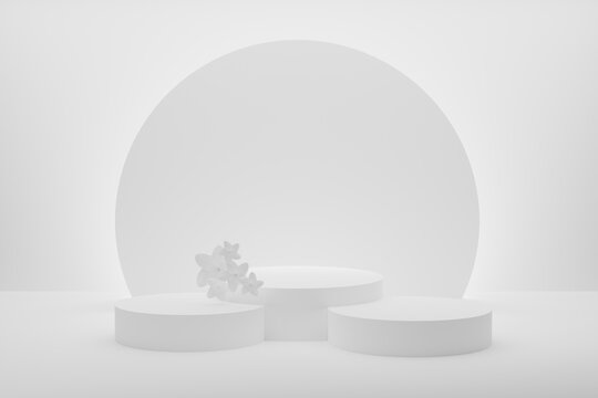 3D realistic podium background - set of three white cylindrical podiums on white. White spring flowers, luminous disk, mockup, 3d rendering. Woman's day stage for display product, scene showcase.