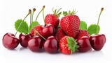 sweet cherries with strawberries isolated on white background cutout ripe berries closeup berries assorted