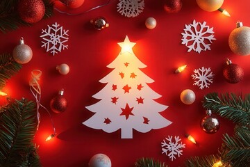 Aufkleber - Festive Christmas cutout featuring a glowing tree and decorative ornaments on a red background for a cozy holiday atmosphere Generative AI