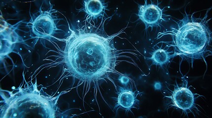 Poster - Glowing cells microscopic view, dark background, research