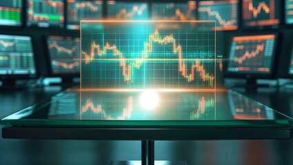 Poster - Charts and graphs display market trends in a modern trading room with high-tech screens at night