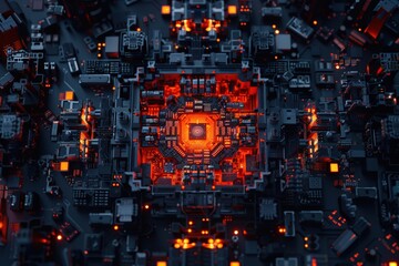 Poster - Futuristic glowing microchip embedded in an advanced circuit board, symbolizing artificial intelligence, high-tech computing, digital processing, innovation, future of quantum technology.