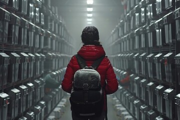 Poster - Woman wearing red winter jacket walking through cold industrial storage facility filled with high-tech equipment. Advanced logistics hub using modern technology for efficient data management security.