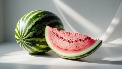Poster - Freshly cut watermelon showcases vibrant pink flesh and green rind on white background
