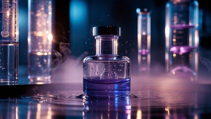 Poster - colorful glass vials with liquid and mist in a laboratory setting during nighttime