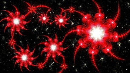 Wall Mural - red floral fractal blooms on dark, starlit background. for sci-fi art, galaxy illustration
