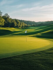 Poster - Serene golf course showcasing rolling hills and a flag marking the hole during a golden hour Generative AI