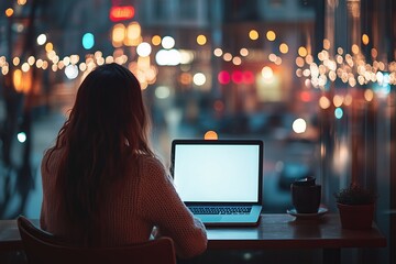 Poster - A woman sits at a table in a cafe, her laptop open in front of her. The screen of her computer is white, and the view from behind her back shows the city street lights outside the window 