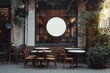 © Andrey - Coffee shop street blank circular signboard mockup for logo design and brand presentation ,Mock up