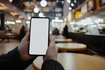 Poster - CU Photo of a person using his phone inside a fastfood restaurant Blank white smartphone screen mockup food order delivery discount coupon application mockup