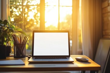 Poster - Laptop with blank screen on table in livingroom during golden sunset or sunrise - home office background