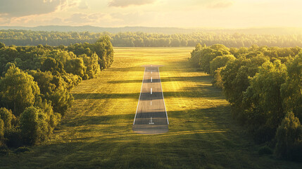 Poster - Aerial view of runway cutting through sunlit field, bordered by green trees, showcasing journey, travel, or new beginnings concept