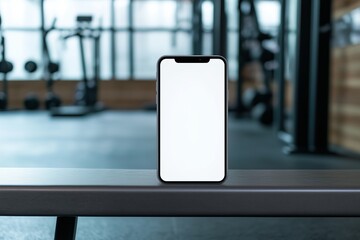Poster - Smartphone mockup on gym bench, blank white screen, fitness app showcase template, front perspective