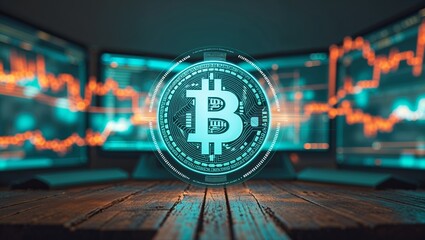 Poster - Bitcoin digital currency symbol with computer screens in background focusing on cryptocurrency trading activities