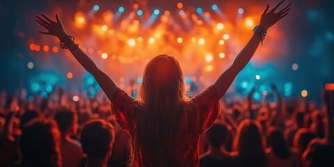 Poster - Excited crowd enjoys music performance by DJ. DJ plays music, people dance. Music creates exciting atmosphere. Concert at night in big hall club. Young people fun. Music festival, 32k Resolution