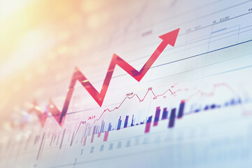 Aufkleber - graph with a red arrow pointing upwards. The graph is filled with numbers and lines, and the red arrow is the only thing that stands out. Concept of progress and growth