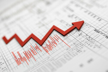 Aufkleber -  red arrow is drawn on a white graph, indicating a rising trend. The graph is filled with numbers and lines, suggesting that it is a financial chart or graph